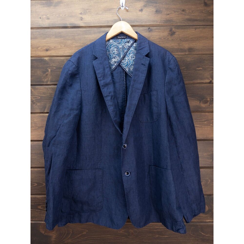 Enzo Tovare Italy 48L Navy Linen Sport Coat Blazer Paisley Lined Jacket Summer